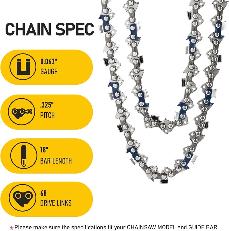 KAZPRO 18 Inch Chainsaw Chain 68 Drive Links, .325" Pitch, 063" Gauge, Low kickback, Lubrication System Chainsaw Blade fits 025 MS230 MS 241 C-M MS 250 251 26RM3 68, V68 L68 22BPX068G, H28-68 (3 Pack) - Image 2